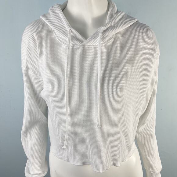Aritzia TNA Boxy Oversized Waffle Knit Crop Thermal Top Hooded White Size XS - Picture 2 of 15